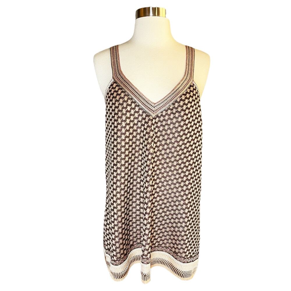 ZARA Knit Tank Top Sleeveless V-Neck Diamond Brown Pink Blouse Medium EUC